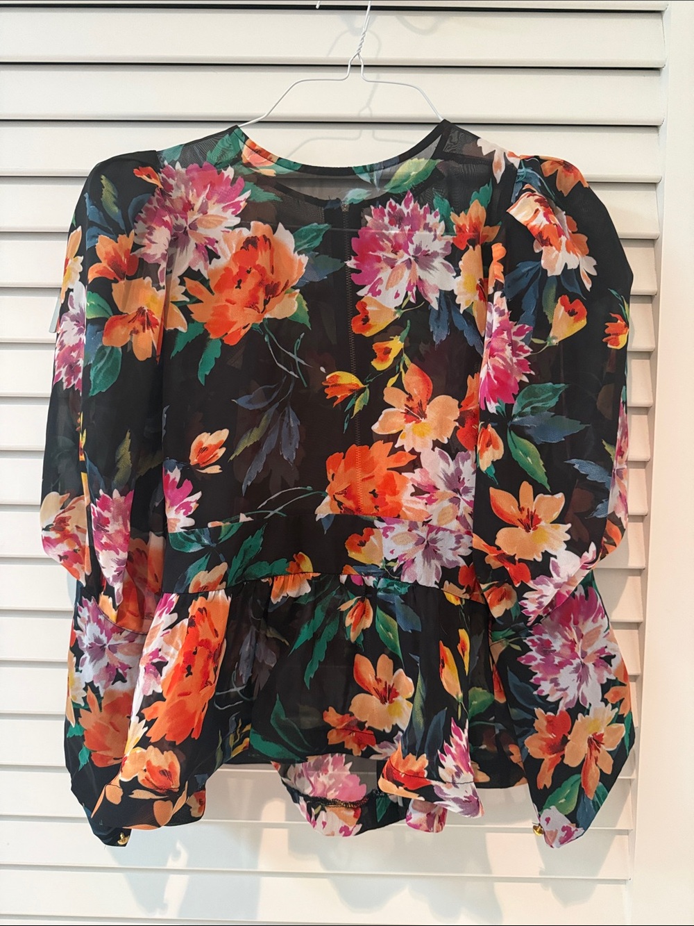 AKIRA Black Floral Sheer Peplum Blouse — Small